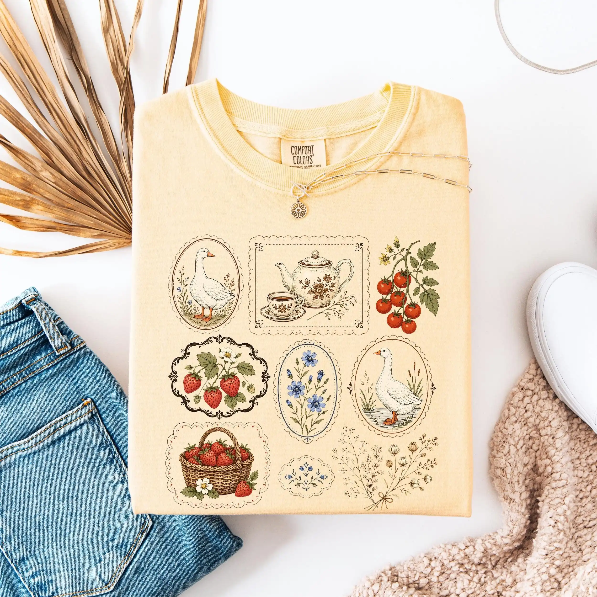 Cottagecore Shirt, Cute Goose Gardening Tee, Vintage Aesthetic Spring Top, Botanical Strawberry Gift for Her