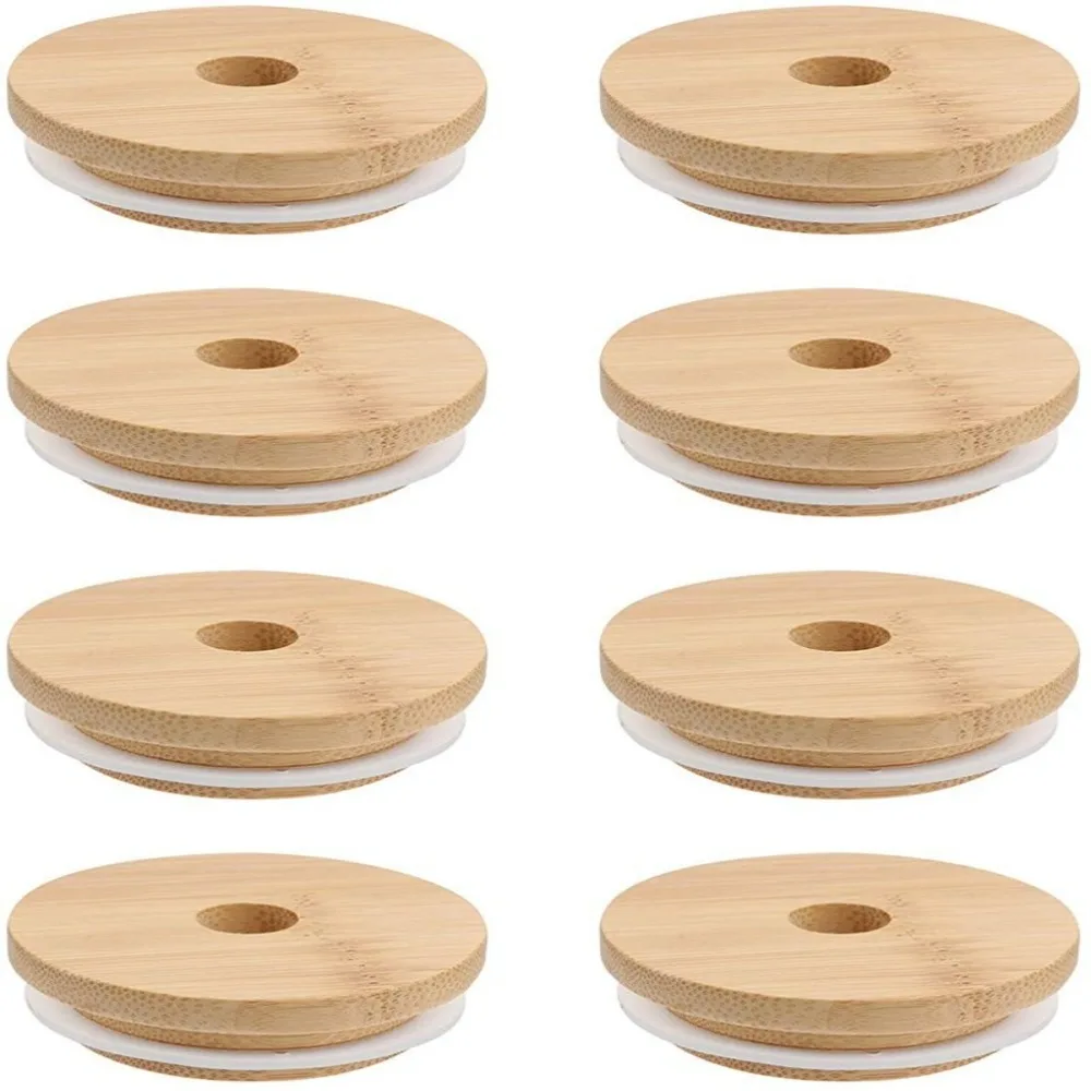 Mason Jar Lids Beer Bottle Canning Caps 70/86mm Straw Lid With Glass Hole Bamboo Wood Lids Silicone Seal Ring