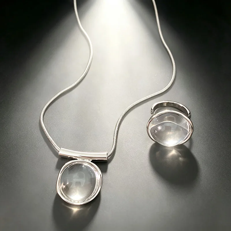 Minimalist Clear Transparent Round Jewelry Set Snake Chain Necklace Adjustable Open Ring Women's Fashion Party Daily Jewelry K