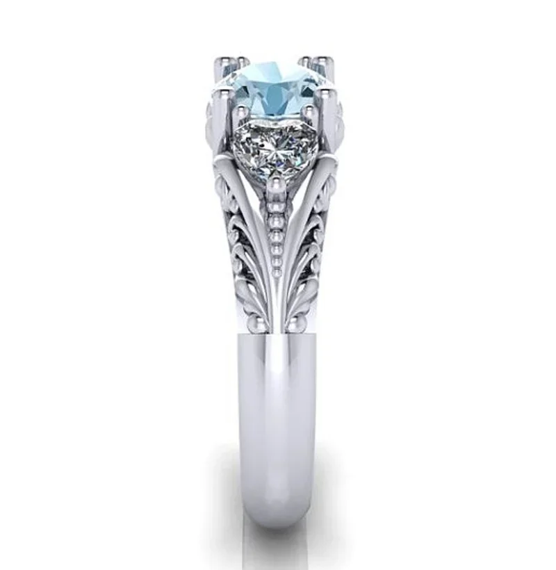 Delysia King Women Trendy Antique Style Round Cut Blue Crystal Jewelry Flower Hollowed Out Engagement Ring Size 5-11