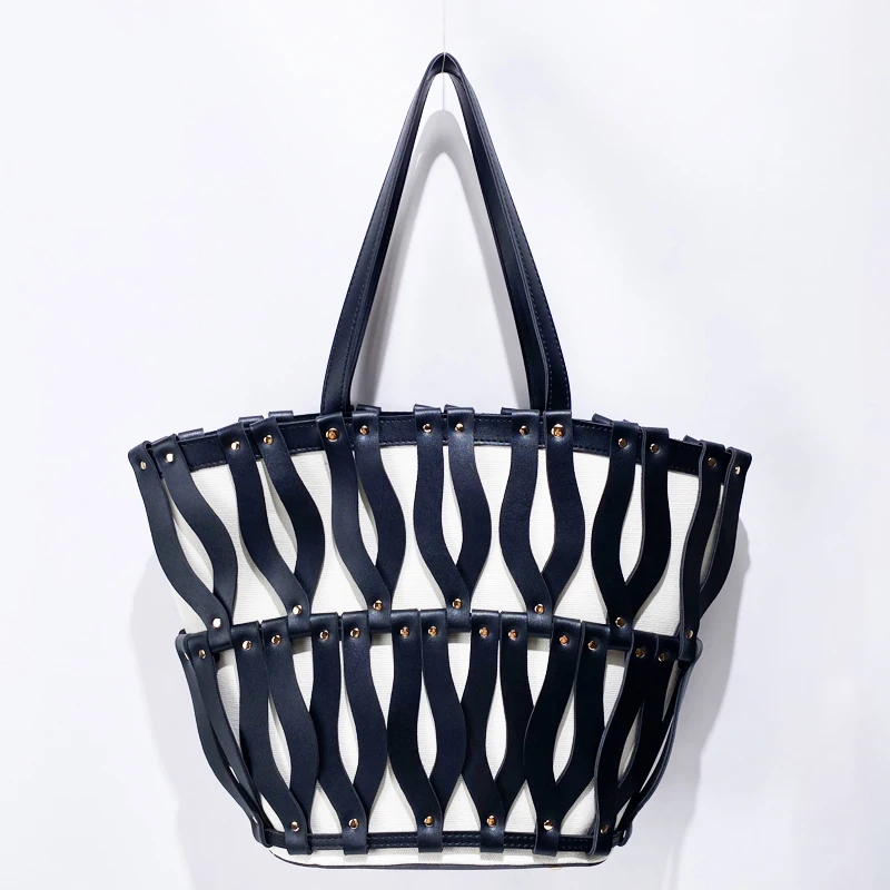

Beach Tote Bags For Women Luxury Designer Handbags Purses 2025 New In PU Canvas Weaving Hollow Large Capacity Underarm Shoulder