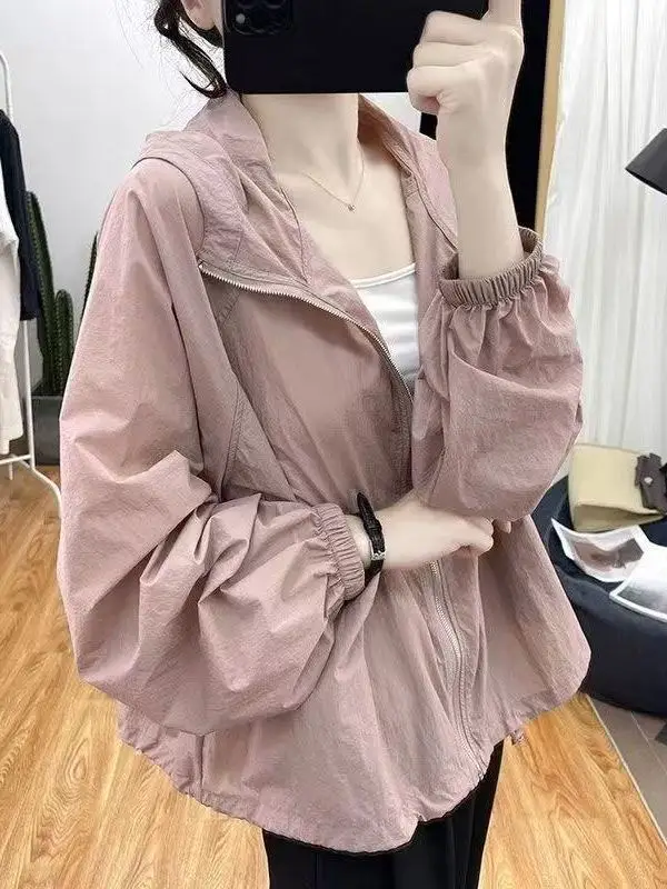 

High-End Thin Loose Women's Korean Style UV Protection Hat Jacket Breathable Windproof Long Sleeve Cotton Outerwear