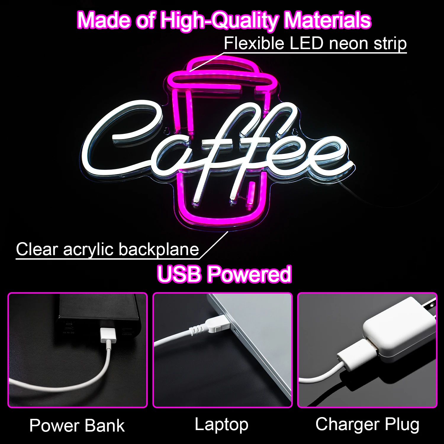 Imagem -04 - Led Letter Neon Lights para Cafe Bar Sinal de Copo de Café Rosa Branco Usb Sinais Wall Decor Cerveja Pub Quarto Festa Loja