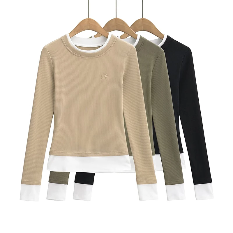 

Облегающая круглая зимняя женская футболка Ne Long Sve Base irt Color Blo Street Sle Fake из двух предметов, топ для внутренней одежды