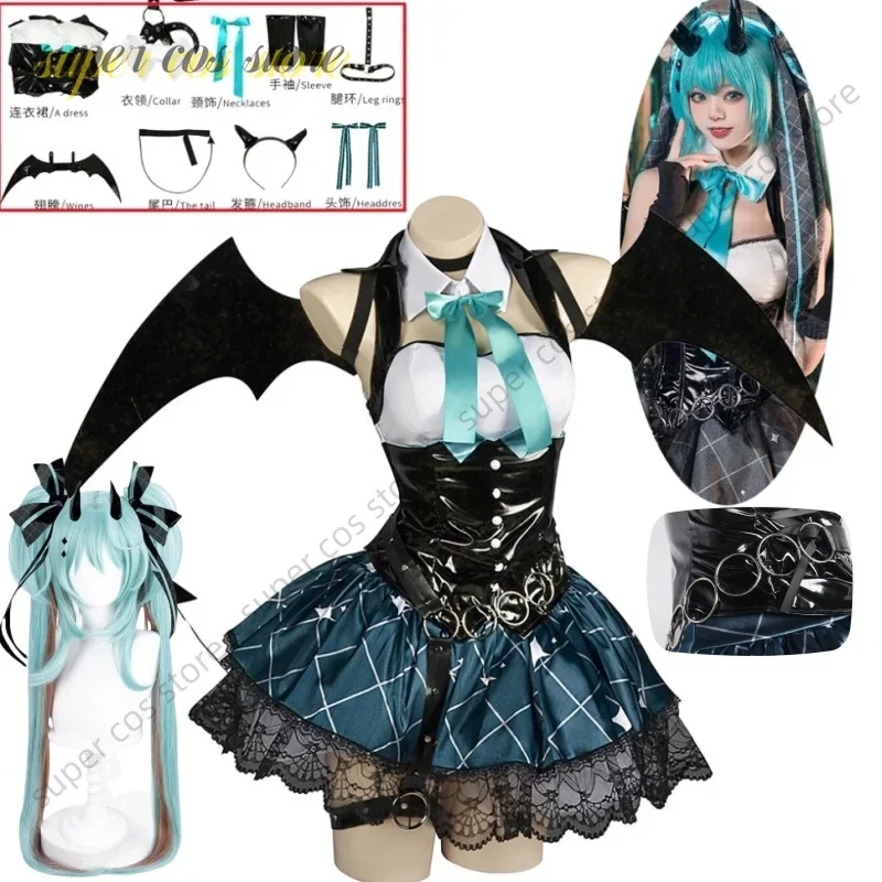 Women Sexy Demon Miku Cosplay Costumes Anime Devil Hatsune Cosplay Uniform Dress Wigs Wings Suit With Horns Tail Halloween Party