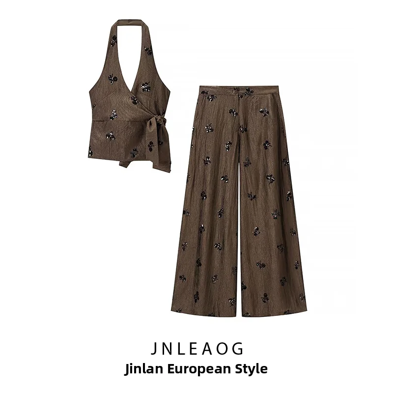 JNLEAOG Summer New Women's Fashion Embroidered Beads Design Top And Pants Set Polyester Fiber Regular Length Seasonal Use