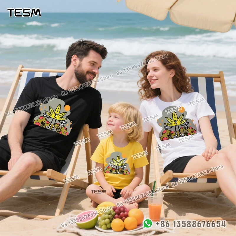 TESM Cartoon Maple Leaf Print Men Cotton T-shirt Casual Loose Short-sleeve Party Parent-child Outfit Mom Dad Family Vacation Top
