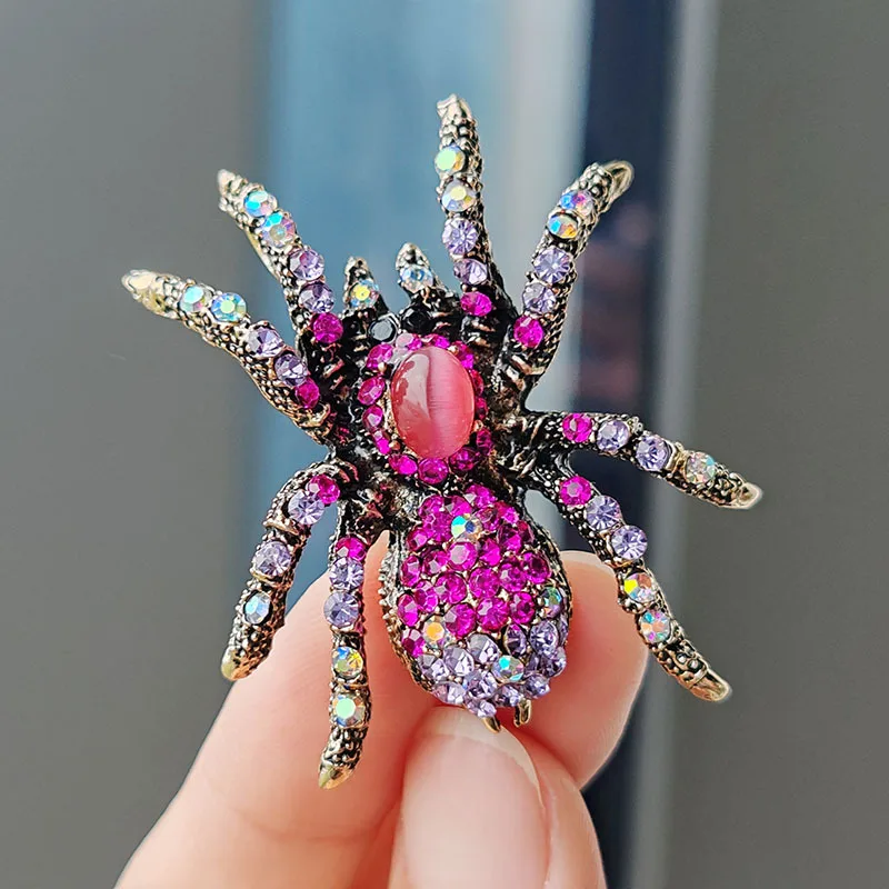 Retro Rhinestone Spider Brooches For Women Men Suit Trendy Exaggerate Insects Animal Brooch Lapel Pins Office Party Jewelry Gift