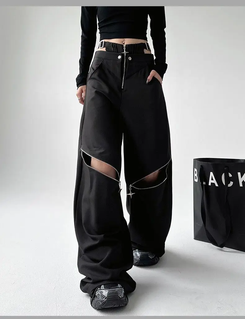American style work pants women new style black best-selling women's clothing trendy hole design wide-leg pants summer trend Y2K