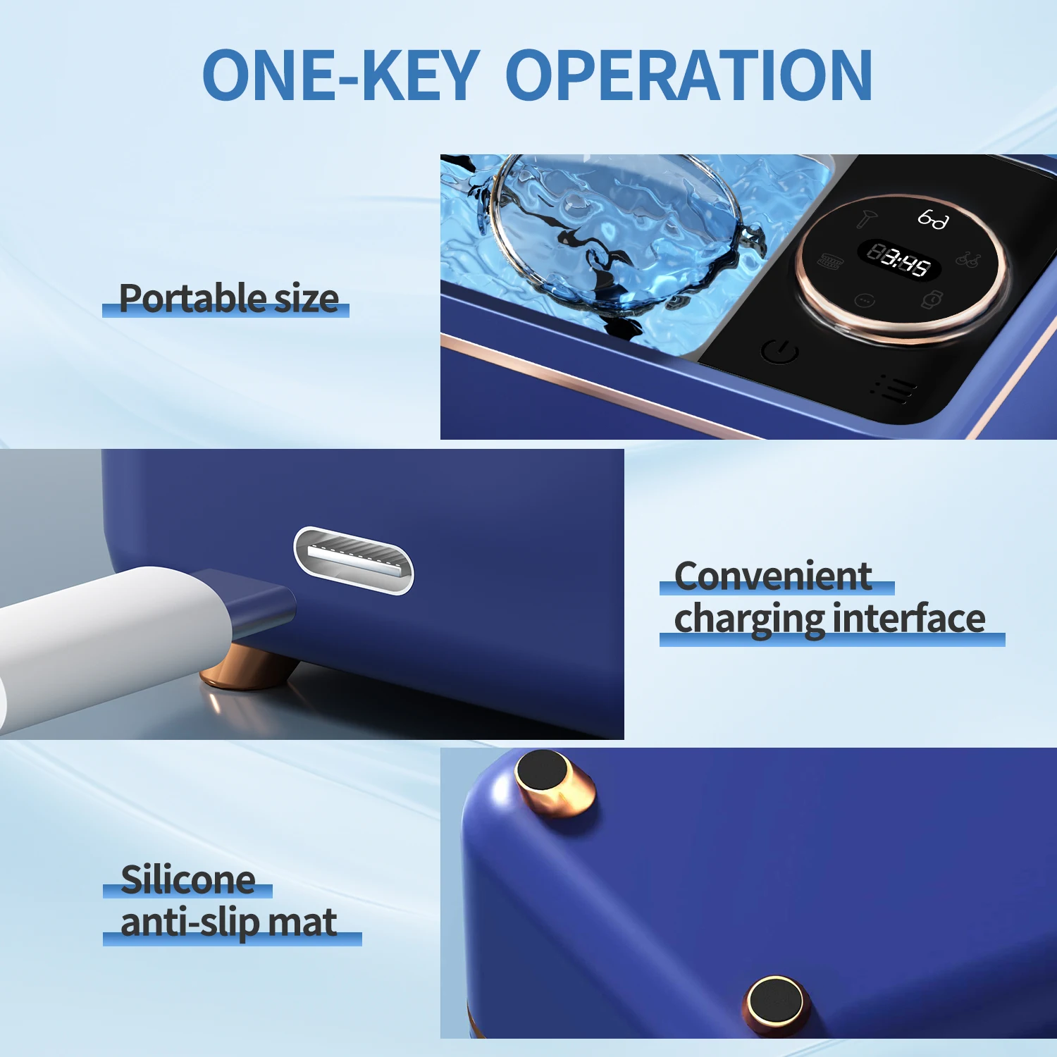 Ultrasonic frequency 55 KHZ, portable eyeglass cleaning machine, 6 modes with digital display and timer. An efficient tool based