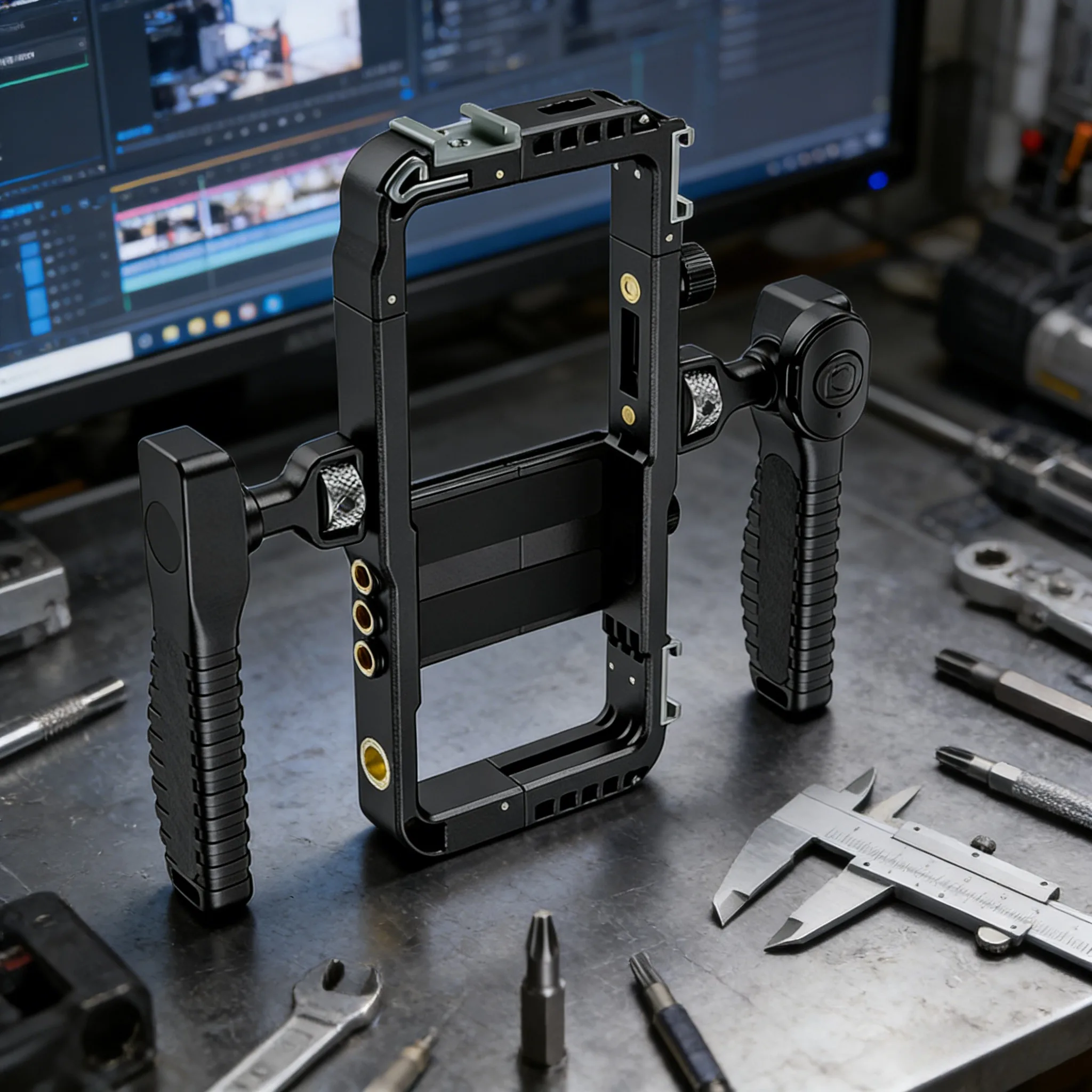 Uniwersalna klatka do telefonu komórkowego z interfejsem hot shoe, gwintem 3/8″ i 1/4″-20 / M6 oraz rozszerzalnym światłem wypełniającym. — zdjęcie produktu 4