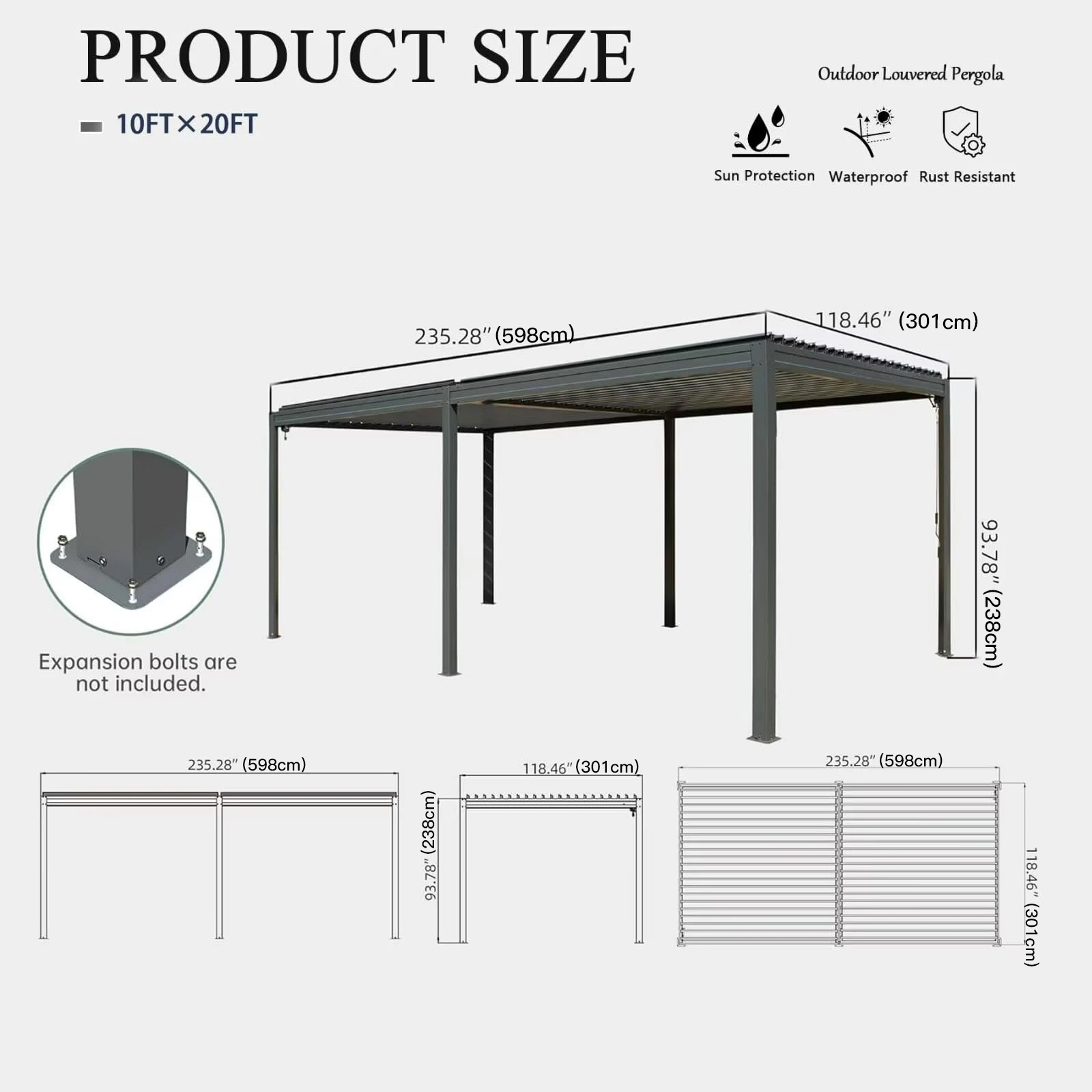 ！@！@Gray Louvered Pergola with Adjustable Steel Roof Outdoor Aluminum Frame Rainproof Canopy & Gazebo