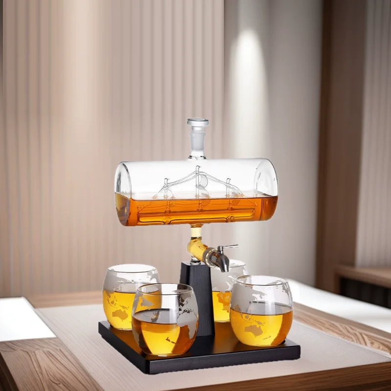 1 Set Creative Antique Boat Shape Decanter Red Wine Whiskey Glass Decanter 1 Bracket 1 Decanter 4 Cup Combination Set
