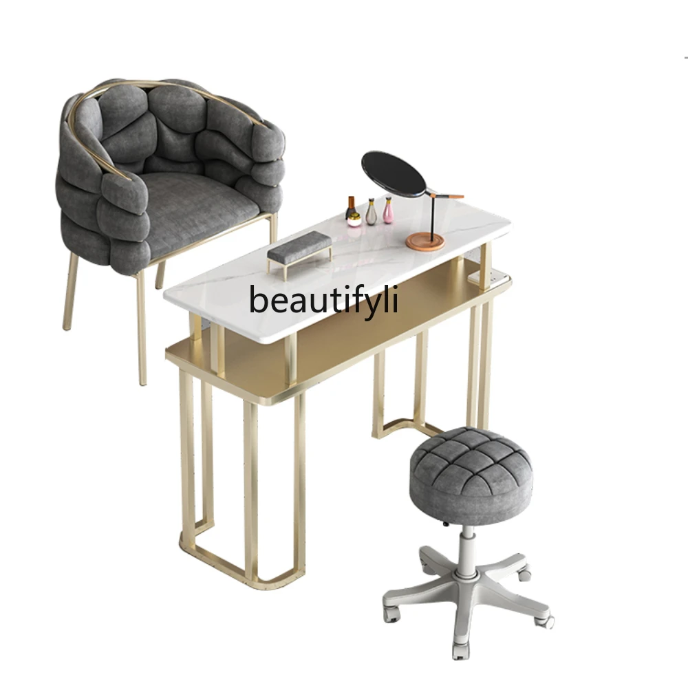 

Nordic Nail Table and Chair Set Marble Top Single Double Three-Person Nail Table Full Set Light Luxury with Socket