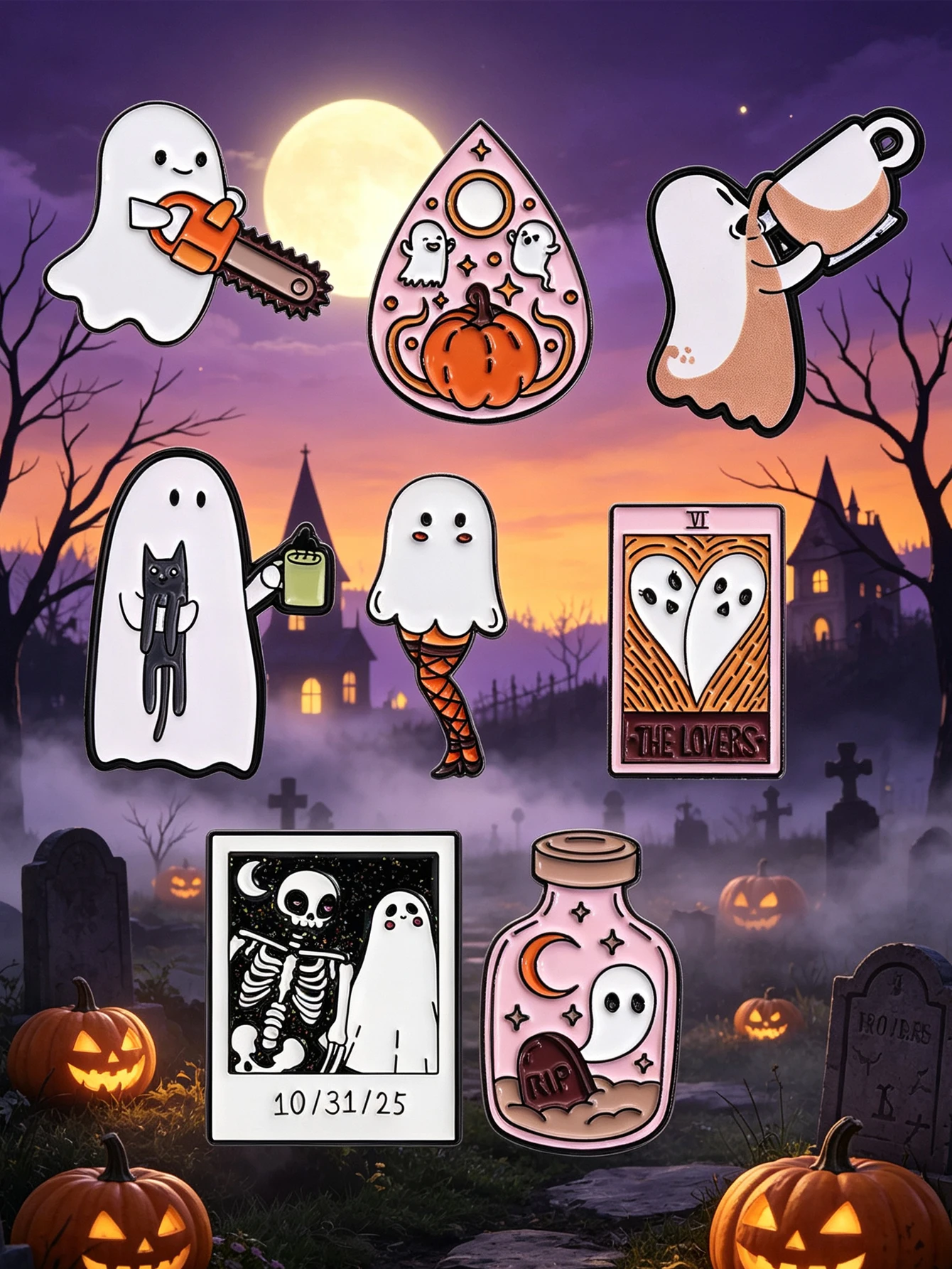 Set of 8 Cute Cartoon Ghost Enamel Badges, Funny Halloween Pumpkin and Skull Tarot Brooches, Quirky Pastel Color Collar Badges Accessories, Suitable for Backpacks, Clothing, Hats, Gothic Style Gifts for Women and Girls