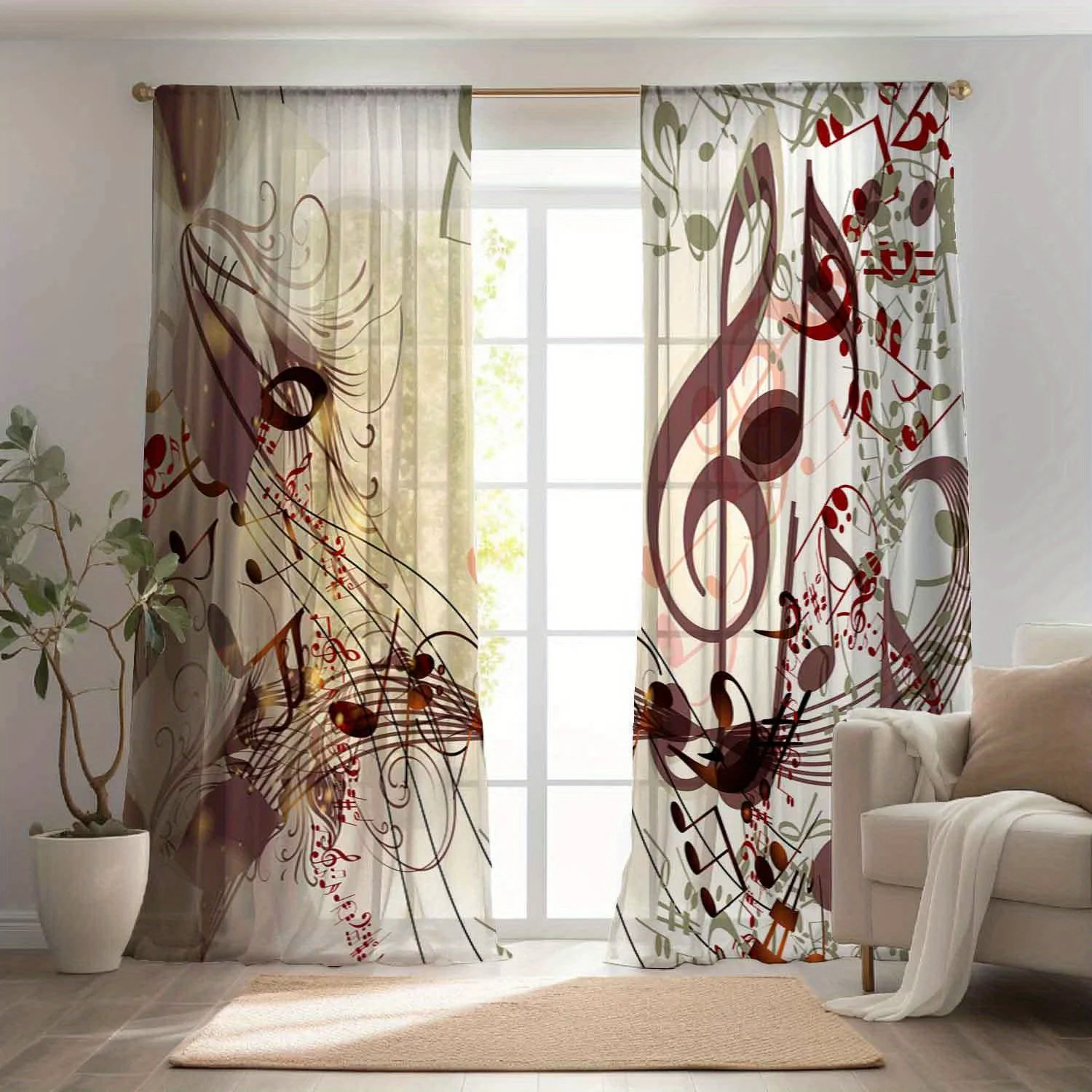 2pc Musical note light pattern curtains, polyester fabric, machine washable, suitable for bedroom and living room decoration