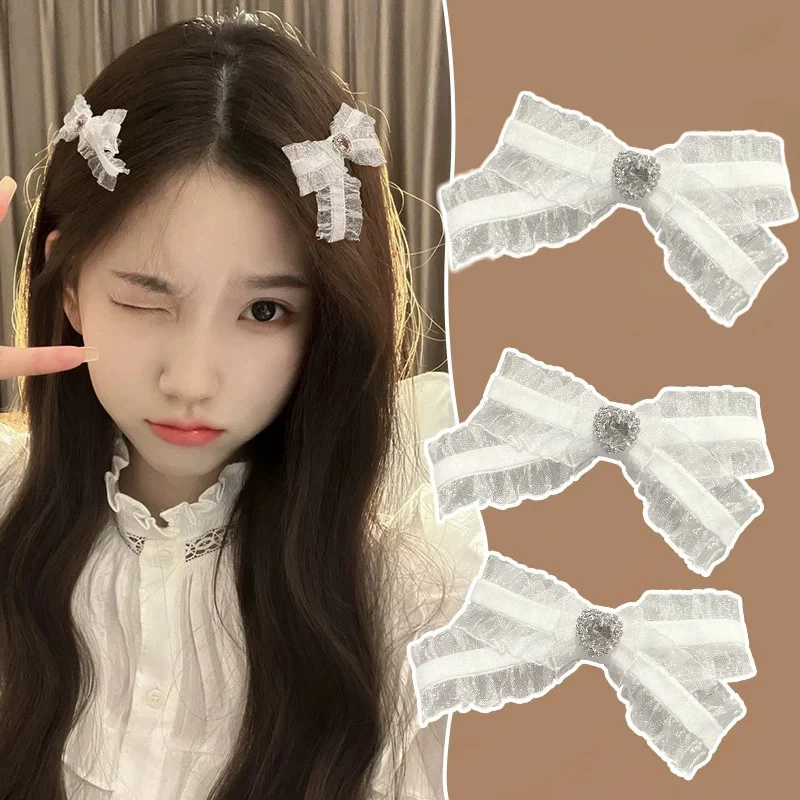 1/2pcs White Lace Bow Hair Clips for Girls Kawii Barrettes Cute Heart Hair Accessoires Kids Ribbon Woman Hairpins Hairgrip