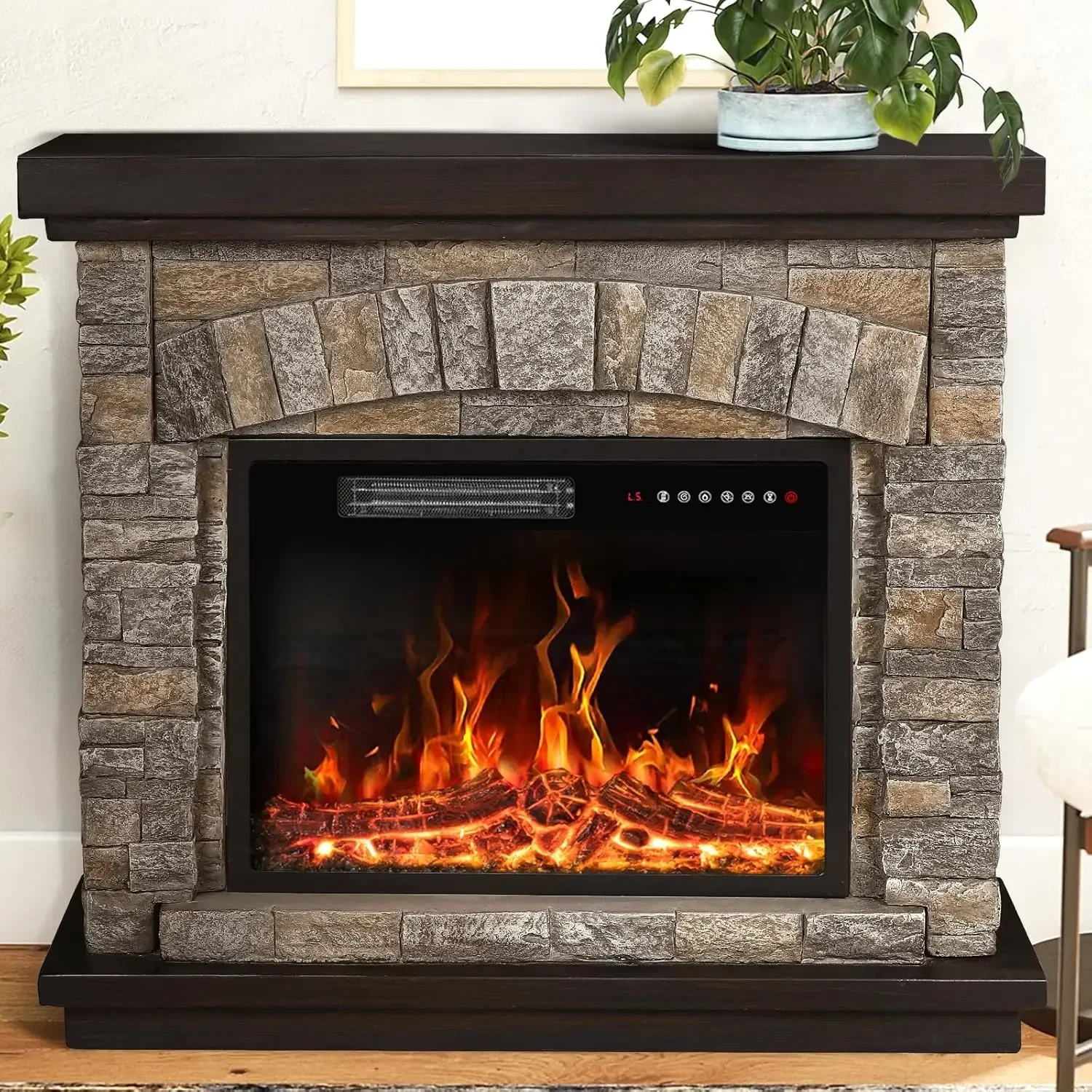 Electric Fireplace with Mantel,Freestanding Stone Fireplace Heater TV Stand with Remote Control, Realistic Flame Effect &3D Log