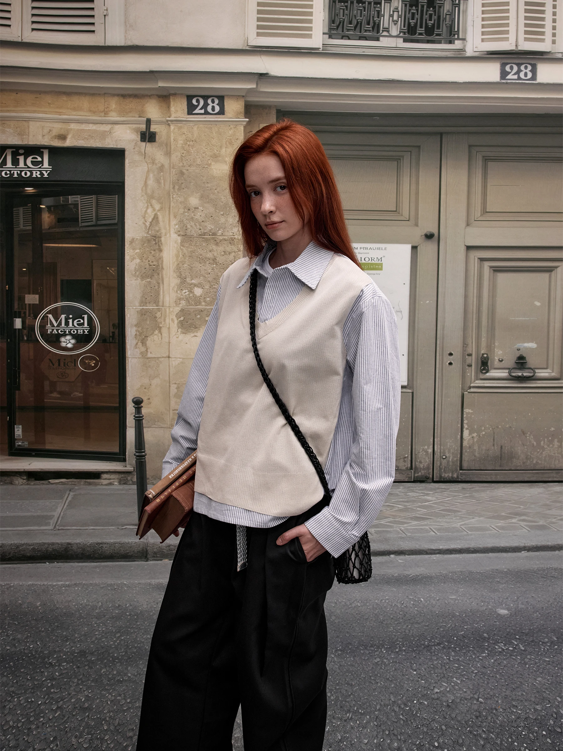 

MADWITCH Knitted Stripe irt Loose Casual Long Sve Outerwear for Women Autumn Faion Design Faux Two-Piece Sle