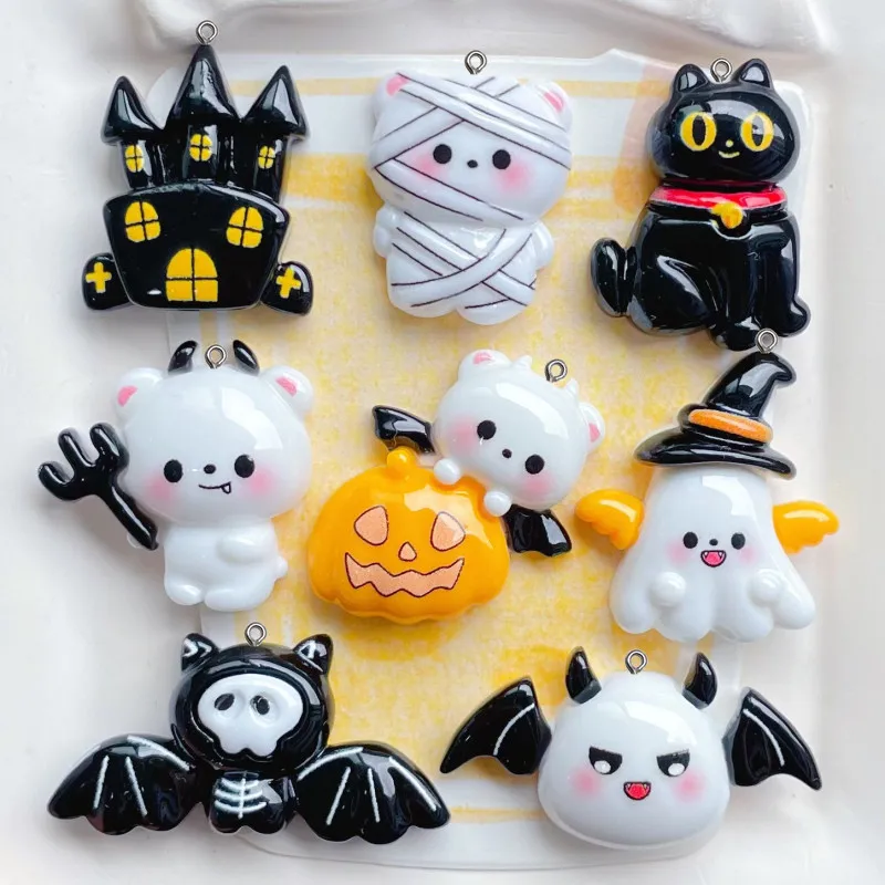 10Pcs Funy Cartoon Pumpkin Ghost Flatback Resin Creative Halloween Craft Accessories DIY Scrapbooking Decorate Materials Pendant