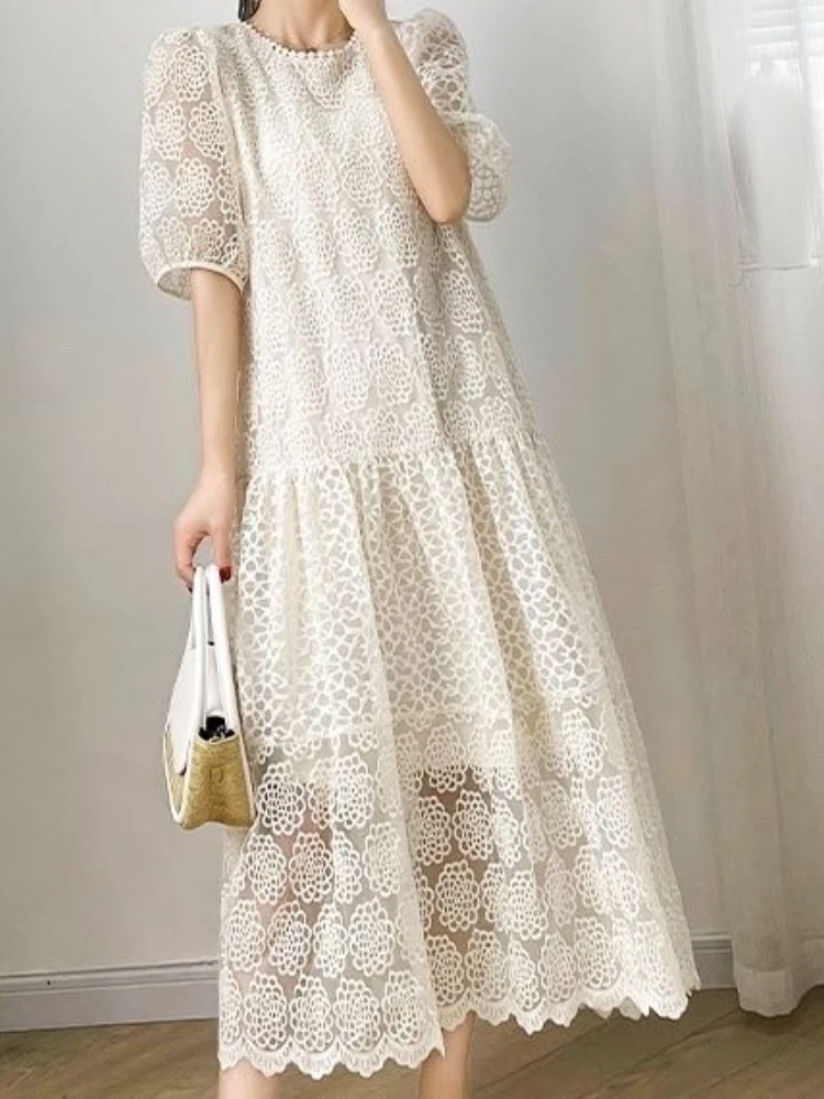 Elegant Round Neck Lantern Sleeved Long Dress Women Causal Loose Lace Hollow Out Dresses New Summer Female Street Robe