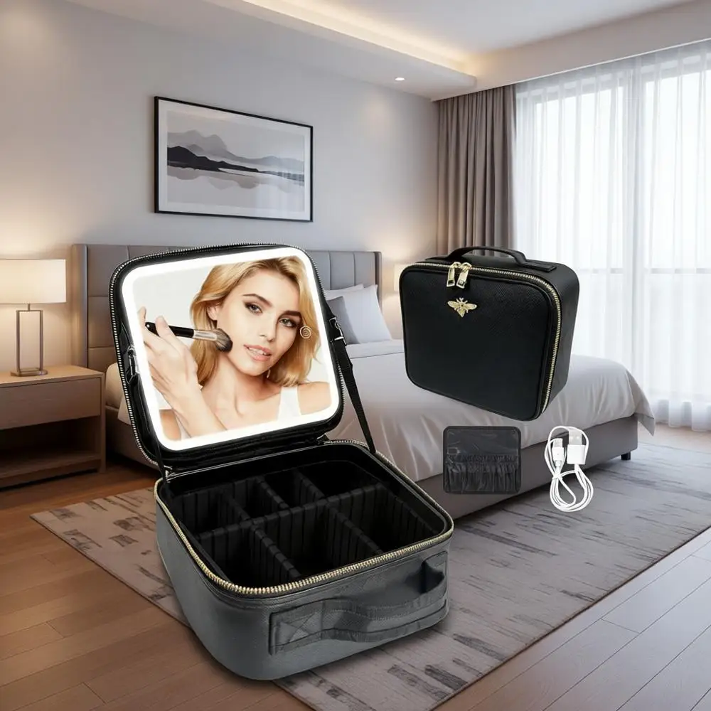 

Портативная косметичка с LED-подсветкой, водонепроницаемый дорожный кейс с регулируемыми отделениями и 3-цветным зеркалом