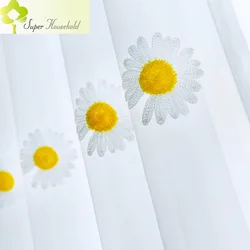 White Small Daisy with Yellow Flower Heart Window Screen Curtains for Living Room Elegant Embroidered Tulle Balcony Drapes