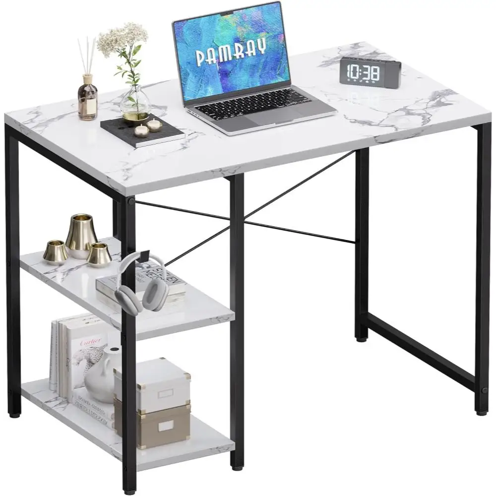 

32 Inch Small Computer Desk with Shelves, Home Office Desk with Headphone Hook for Bedroom, Study Writing PC Table for S