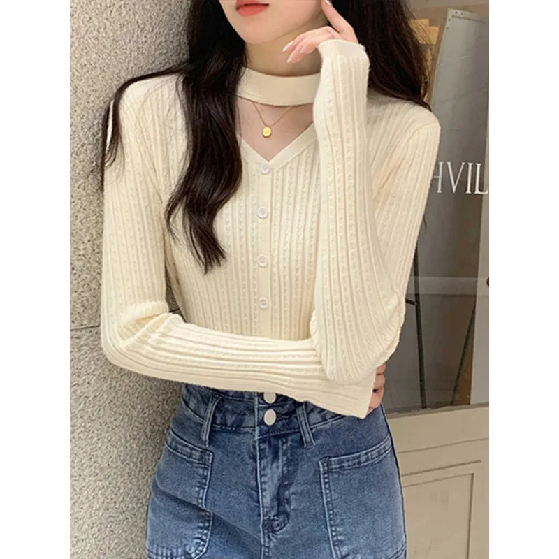 Harajuku Cream Beige Hanging Neck Knit Top For Women Hollow Out Slim Vertical Rib Long Sleeve Elegant Casual Autumn Basic Sweate