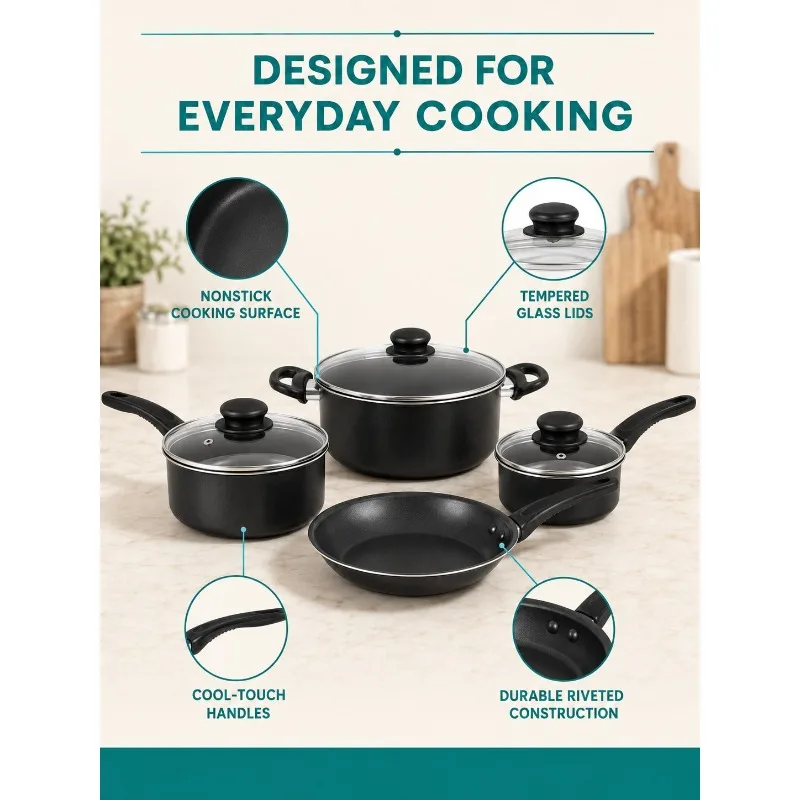 Black 7-Piece Nonstick Aluminum Cookware Set With 1-Qt & 2-Qt Saucepans, 4-Qt Dutch Oven, 8-Inch Frying Pan And 3 Glass Lids, Lightweight Black Pots And Pans Set For Everyday Cooking