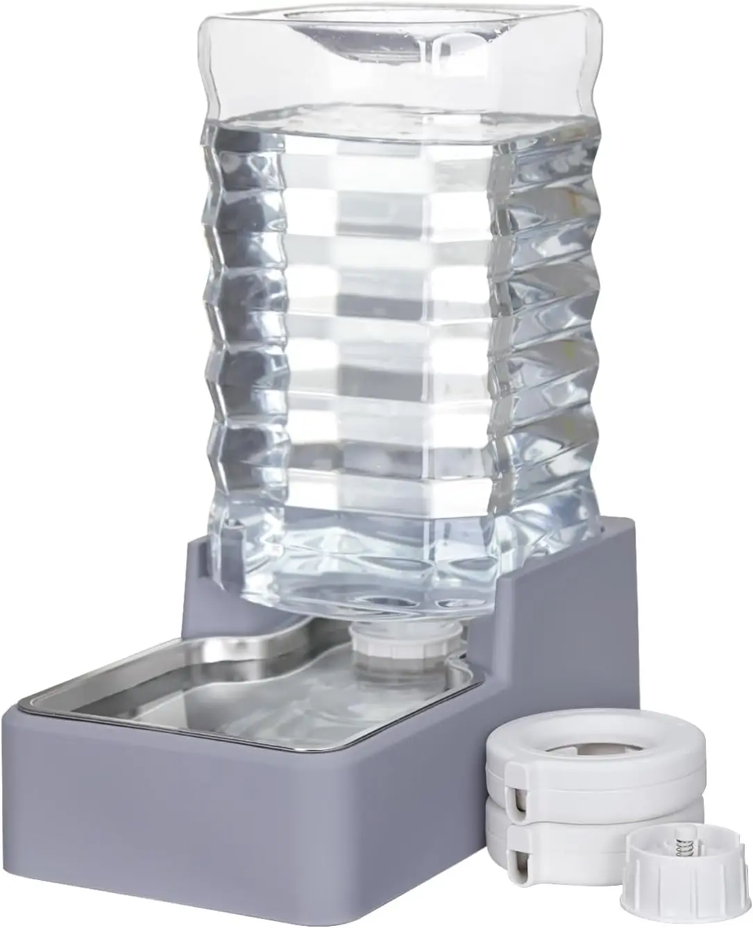 

Automatic Lagre Water Dispenser: 9L Dogs Stainless Steel Gravity Light Gray Upgraded Feeder - Two Caps and Filters