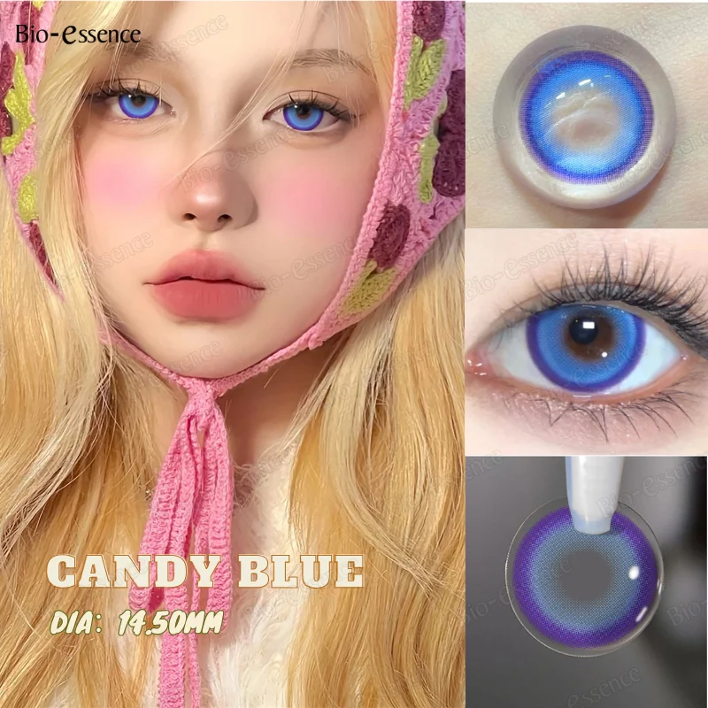 Bio-essence 2Pcs Natural Colored Contacts Lens with Prescription Korean Blue Pupils Yearly Use Big Eyes Soft Pupils for Eyes