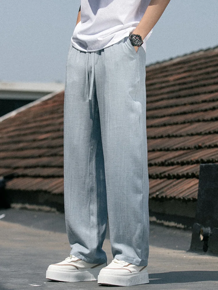 

Men's Summer Linen Pants Thin Loose Ice Silk Cotton Linen Straight Leg Casual Long Pants Dra Wide Leg Pants
