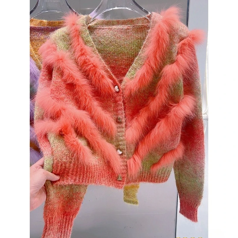 2025年秋 レディース ショートファートリムニットカーディガン ボタン付き 本物のフォックスファー ストライプコート アウター 女性用ファーセーター