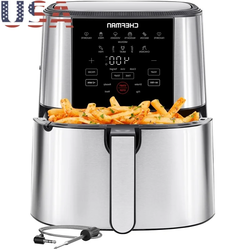 

Digital Air Fryer with Temperature Probe 5Qt Stainless Steel Healthy Cooking 450°F Hi-Fry Option Dishwasher Safe Automatic