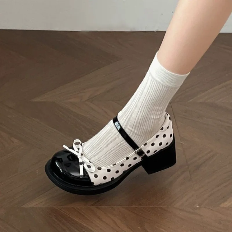 Women Polka Dot Two-Tone Bow One Strap Buckle Platform Block Heel Mary Jane Shoes,Preppy JK Lolita Shoes,Platform Block Heels