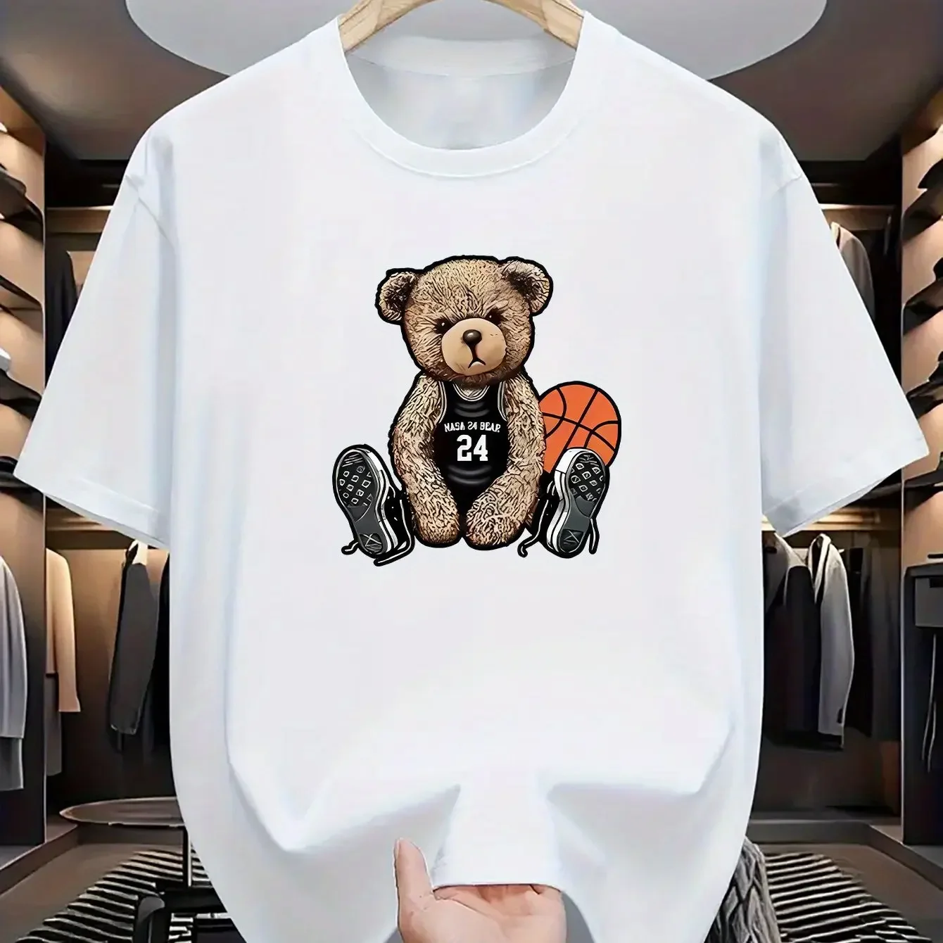 

Men's summer 100% pure cotton fashionable casual loose basketball plush bear print sports round-neck short-sleeved T-shirt