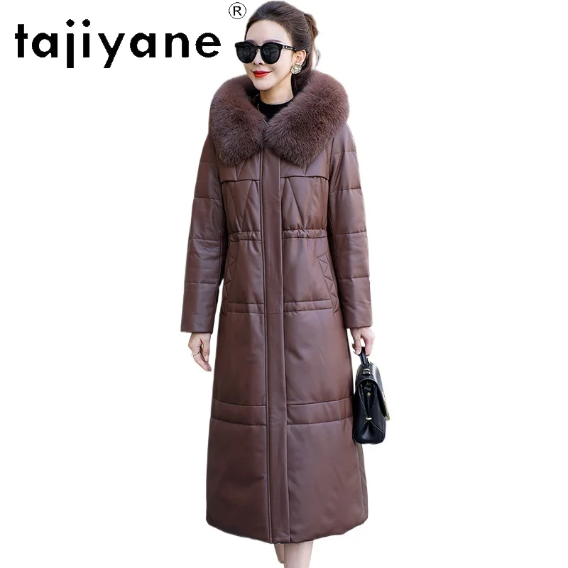 TAJIYANE 100% جلد الغنم أوزة أسفل معطف المرأة مقنعين سليم الثعلب الفراء طوق معاطف سترة جلدية حقيقية الشتاء ملابس امرأة 2025 كورت