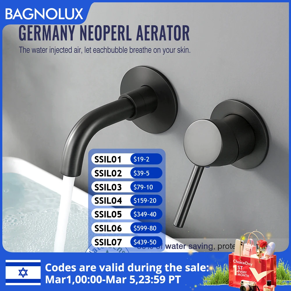 Bagnolux siyah krom gül altın fırçalanmış cilalı pirinç tek kolu sıcak soğuk su duvara monte gömülü banyo havzası musluk