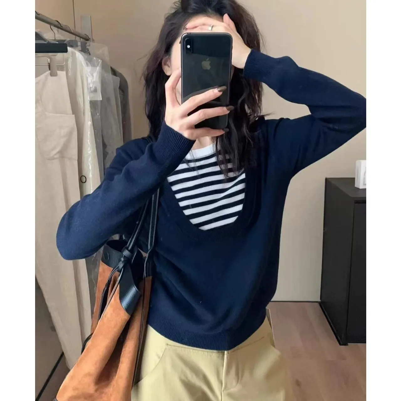 Женский вязаный свитер Long Sve, осень-зима, новый корейский дизайн, INS, полосатый топ из двух предметов