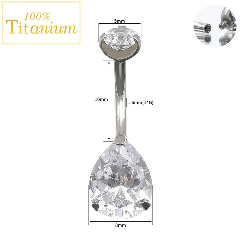 G23 Titanium Zircon Belly Button Rings WaterDrop CZ Navel Lip Piercing Curved Banana Studs Internal Thread Sexy Body Jewelry 14G