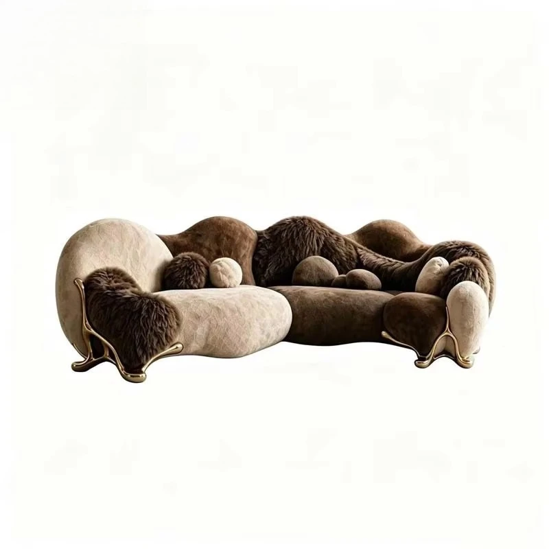 Modern Organic Fluffy Plush Fur Sofa Irregular Curved Cloud Sofa Luxury Gold Leg Soft Furry Couch for Living Room Furniture