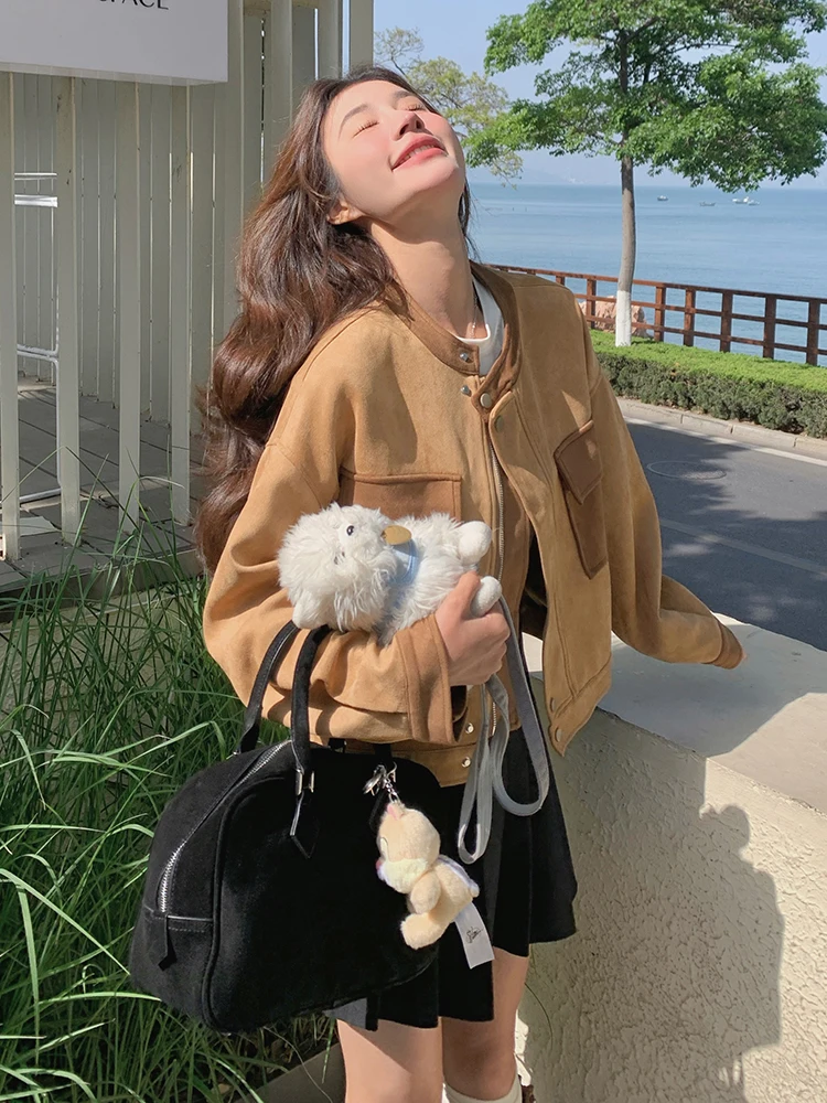 Maillard-Chaqueta tipo Cargo de ante marrón para mujer pequeña, chaqueta Bomber informal de gran tamaño, ropa de abrigo versátil, primavera y otoño