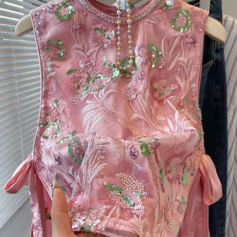 

Chinese Style Pink Embroidery Sleeveless Vest Jacket Women Spring Summer Lace Up Flowers O-neck Sequin Vest Coat Female Tops