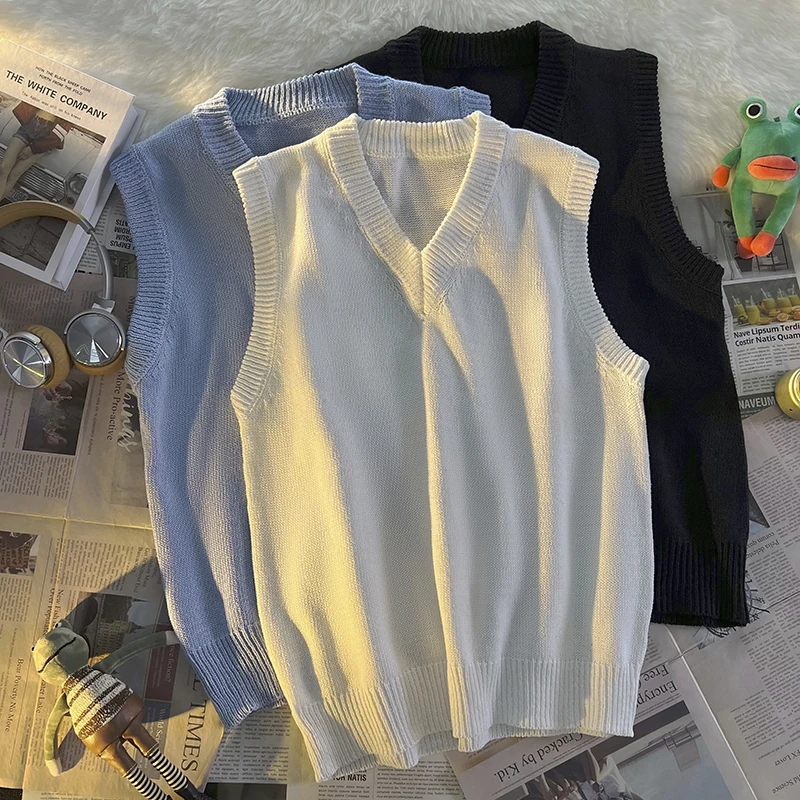 

Men Sweater Vest Solid Color Autumn V-neck All-match Knitted Sleeveless Sweaters Male Chic Korean Preppy Style Loose New V48