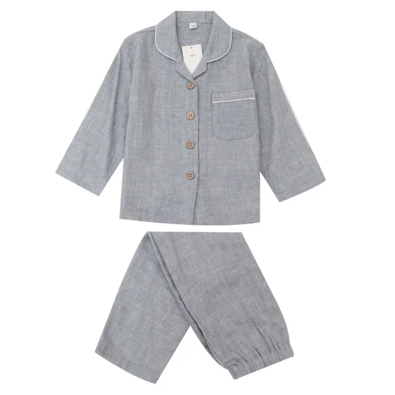 Boy Girl Linen Cotton Pajamas Clothes Set Shirt+Pant 2PCS Spring Autumn Toddler Child Solid color Homesuit Baby Clothes 2-12Y