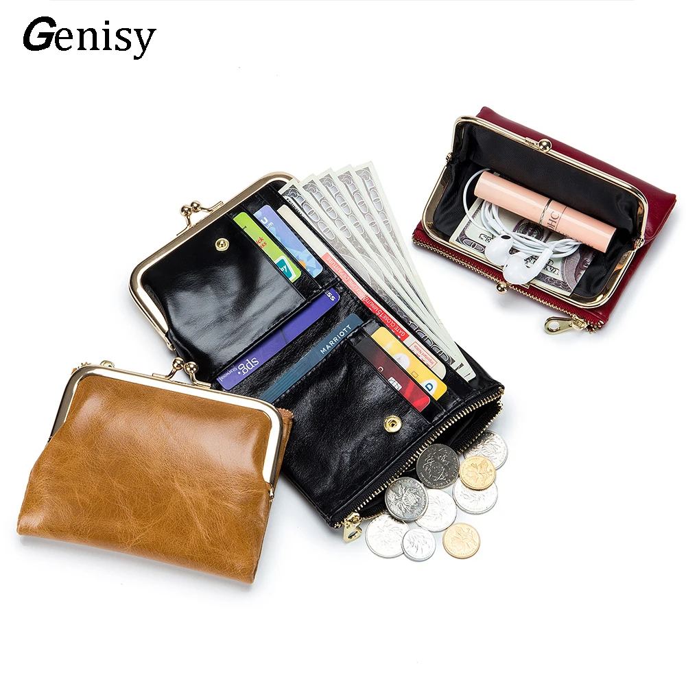 Cowhide Retro Short Wallet Women\'s Multifunctional Clip Coin Purse Simple Storage Bag Small Fold Card Holder Purses for Women