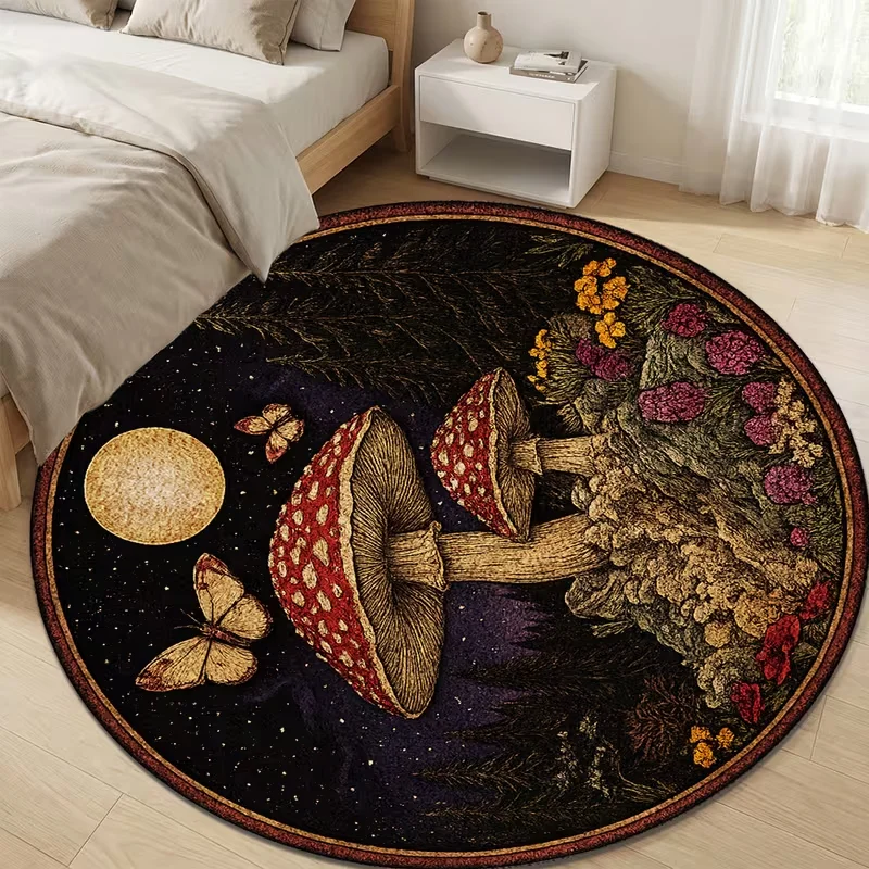 Desk Setup Dark - Vintage Moon Mushroom Butterfly Round Floor