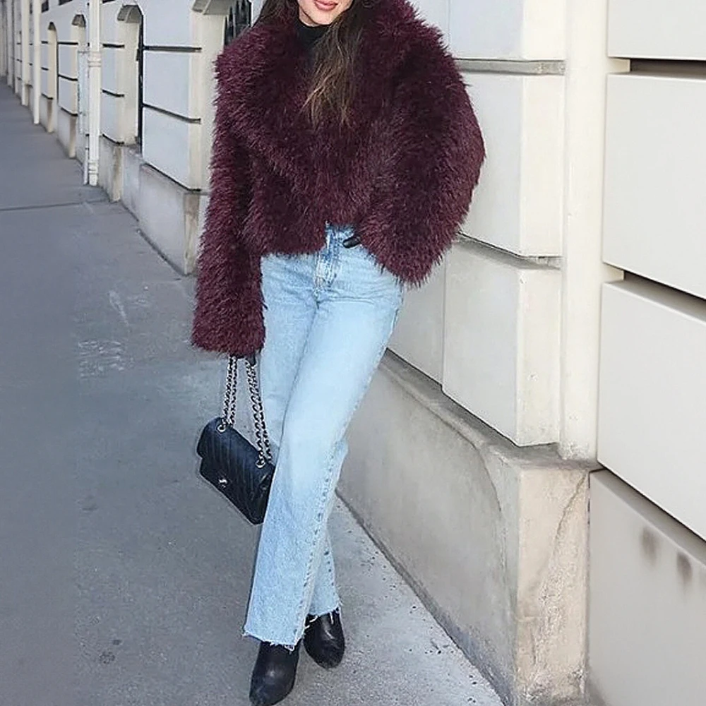 

Mia Muse Boutique Women's Long Sleeve Lapel Open Front Plush Coat Sophisticated Plain Basic Design for Autumn Winter