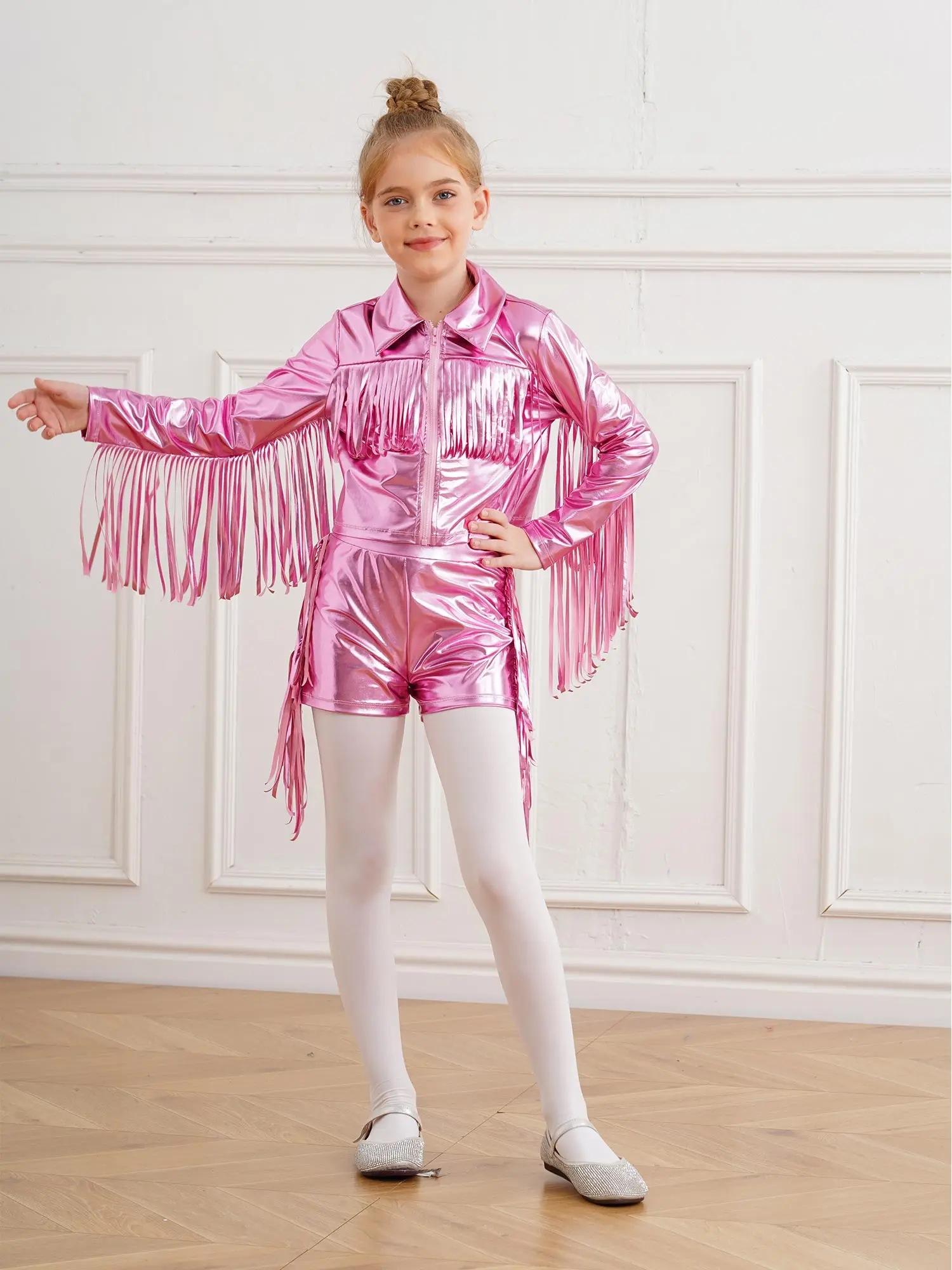 Crianças meninas borlas metálico jazz dança outfits manga longa zíper franja jaqueta com shorts festa escolar desempenho streetwear